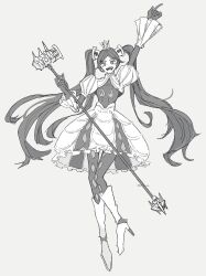 1girl :d arm_up boots crown dress frilled_dress frilled_sleeves frills full_body gloves greyscale hand_up high_heel_boots high_heels highres holding holding_microphone humanization ice_morinaka index_finger_raised juliet_sleeves knee_boots long_hair long_sleeves looking_at_viewer microphone mini_crown monochrome open_mouth parted_bangs puffy_sleeves simple_background smile solo the_hundred_line_-last_defense_academy- turamtammi twintails very_long_hair