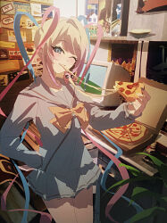 1girl absurdres blonde_hair blue_eyes blue_hair blue_sailor_collar blue_serafuku blue_shirt blue_skirt bow bowtie chouzetsusaikawa_tenshi-chan commentary crying eating food hand_on_own_hip highres indoors junpaku_karen long_hair long_sleeves needy_girl_overdose one_eye_closed pien_cat_(needy_girl_overdose) pink_hair pizza pizza_slice pleated_skirt sailor_collar school_uniform serafuku shirt skirt solo yellow_bow yellow_bowtie
