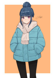 1girl absurdres black_pantyhose blue_hair blue_jacket border brown_scarf closed_mouth cropped_legs down_jacket expressionless hair_bun hands_in_pockets highres jacket looking_at_viewer orange_background pantyhose purple_eyes pynkmouth scarf shima_rin sidelocks signature simple_background single_hair_bun solo white_border yurucamp