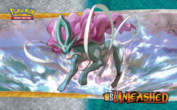 animal_focus archived_source artist_request border closed_mouth company_name copyright_logo copyright_name copyright_notice gen_2_pokemon highres kawaguchi_youhei legendary_pokemon nintendo no_humans official_art official_wallpaper pokemon pokemon_(creature) pokemon_focus pokemon_tcg red_eyes second-party_source solo suicune water