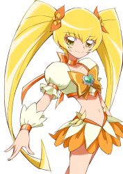 1girl aizawa_zawapo bare_legs blonde_hair bow bow_choker brooch chest_bow choker closed_mouth collarbone commentary cowboy_shot crop_top cure_sunshine earrings flower_earrings flower_skirt frilled_cuffs frills gold_bow gold_choker gold_trim hair_between_eyes hair_bow hair_ornament heart heart_brooch heartcatch_precure! highres jewelry long_hair looking_at_viewer magical_girl midriff myoudouin_itsuki navel official_style precure puffy_short_sleeves puffy_sleeves short_sleeves simple_background skirt smile solo split_mouth standing twintails umakoshi_yoshihiko_(style) very_long_hair white_background white_skirt wrist_cuffs yellow_eyes yellow_skirt yellow_wrist_cuffs