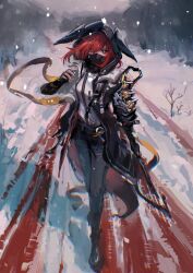 1girl absurdres arknights black_coat black_gloves black_pants blood blood_on_ground blood_on_snow blood_trail chromatic_aberration coat crownslayer_(arknights) day elbow_gloves fingerless_gloves full_body gloves hair_between_eyes hand_up highres hood hood_up hooded_coat jacket juhuacha looking_at_viewer outdoors pants red_eyes red_hair short_hair snow snowing solo standing white_jacket wind