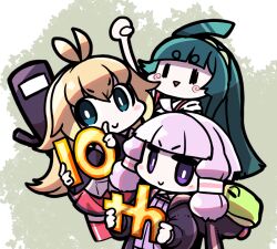 1boy 3girls ahoge anniversary bit.trip_runner blonde_hair blue_eyes blunt_bangs blush chibi closed_mouth commander_video crossover frog green_background green_hair hikimayu hime_cut holding hood hood_basket hoodie index_finger_raised japanese_clothes jitome kimono long_hair long_sleeves looking_at_viewer moyasiwhite multiple_girls open_clothes open_hoodie open_mouth purple_eyes purple_hair purple_hoodie raised_fist red_skirt shirt short_hair_with_long_locks simple_background skirt sleeves_rolled_up smile touhoku_zunko triangle_mouth tsurumaki_maki v-shaped_eyebrows vocaloid voiceroid white_background white_kimono white_shirt yuzuki_yukari |_|