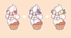 alcremie alcremie_(berry_sweet) alcremie_(lemon_cream) alcremie_(strawberry_sweet) blue_eyes blueberry closed_mouth cupcake dot_mouth food food_focus fruit gen_8_pokemon heart lemon lemon_slice nintendo no_humans outline pink_background pokemon pokemon_(creature) red_eyes satsumapotato simple_background white_outline