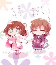 2girls :3 =_= animal_ear_hood animal_ears ankle_socks aqua_eyes bag bare_arms barefoot basket black_hoodie blue_shorts blunt_bangs blush_stickers bob_cut brown_hair cat_ears character_request chibi closed_mouth clothes_writing commentary_request denim denim_shorts dress fake_animal_ears floral_background furrowed_brow grey_bag hand_in_pocket heart heart_print holding holding_basket holding_hands hood hood_down hood_up hooded_jacket hoodie idolmaster idolmaster_cinderella_girls jacket light_blush long_dress long_sleeves looking_at_viewer maekawa_miku medium_hair messy_hair multiple_girls open_clothes open_jacket pink_bag pink_dress pink_sandals pleated_dress puffy_long_sleeves puffy_sleeves sandals shadow short_hair short_sleeves shorts skull_print sleeves_past_wrists smile soap_bottle socks standing tareme tote_bag translation_request usoneko white_background white_jacket white_socks yuri