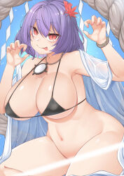 Rule 34 | !?, 1girl, :p, @ @, absurdres, bikini, black bikini, blue background, blush, bottomless, breasts, claw pose, closed mouth, commentary request, cowboy shot, fingernails, harunoha, highres, large breasts, light censor, looking at viewer, pink nails, purple hair, red eyes, shide, short hair, slit pupils, smile, solo, swimsuit, tongue, tongue out, touhou, yasaka kanako