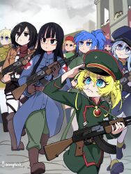 86_-eightysix- absurdres ak-47 artist_name assault_rifle beret black_eyes black_hair blonde_hair blue_eyes blue_hair bongfill cammy_white chito_(shoujo_shuumatsu_ryokou) combat_helmet dragon_ball dragon_ball_(classic) fern_(sousou_no_frieren) goosestepping gun hat hellsing helmet highres holding holding_gun holding_weapon kalashnikov_rifle leona_heidern looking_down mai_(dragon_ball) march mikasa_ackerman military_parade military_uniform multiple_girls parade paradis_military_uniform peaked_cap ponytail rifle salute seras_victoria shoujo_shuumatsu_ryokou sousou_no_frieren stahlhelm street_fighter tanya_degurechaff the_king_of_fighters vladilena_millize weapon youjo_senki yuuri_(shoujo_shuumatsu_ryokou)