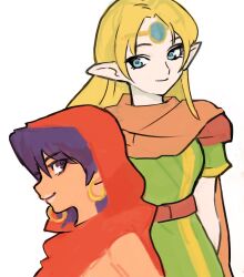 2girls belt blonde_hair blue_eyes brown_cape cape circlet closed_mouth dress dungeons_&amp;_dragons dungeons_&amp;_dragons:_chronicles_of_mystara earrings elf gan2 green_dress highres hood hood_up hoop_earrings jewelry long_hair lucia_(chronicles_of_mystara) moriah_(chronicles_of_mystara) multiple_girls pointy_ears purple_eyes purple_hair red_belt short_sleeves simple_background smile white_background