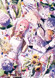 1boy 1girl :d apron black_jacket black_necktie blonde_hair bow bowtie braid center-flap_bangs cherry_blossoms closed_mouth collared_dress collared_jacket copyright_notice cover cover_page cuff_links dress expressionless falling_petals floating floating_flowers floating_object flower from_above gerbera gloves green_eyes hair_between_eyes highres holding_hands hydrangea jacket lavender_(flower) leaf lily_of_the_valley long_bangs long_hair long_sleeves low_ponytail lying mimosa_(flower) multicolored_jacket necktie official_art on_back on_side open_mouth orange_flower outstretched_arm pants patterned_clothing petals pink_flower pink_hair ponytail print_gloves purple_flower purple_rose reaching red_flower rose seikai_meguru short_necktie single_braid sleeve_cuffs smile snowflakes sunflower two-tone_jacket wake_ari_doku_hakushaku_wa_futsutsuka-sha white_apron white_background white_gloves white_jacket white_pants yellow_bow yellow_bowtie yellow_dress yellow_eyes yellow_flower