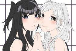 2girls ao_saryaruhu bare_arms bare_shoulders black_bra black_eyes black_hair blush bra breasts brown_eyes cheek-to-cheek cleavage clenched_hand collarbone couple embarrassed eyelashes female_focus female_robin_(fire_emblem) fire_emblem fire_emblem_awakening fire_emblem_warriors from_side gameplay_mechanics hands_up happy heads_together highres hime_cut holding_hands interlocked_fingers large_breasts leaning_on_person leotard lips long_hair matching_hair/eyes medium_breasts multiple_girls neck no_headwear official_underwear pout short_twintails sidelocks swept_bangs tharja_(fire_emblem) twintails underwear underwear_only upper_body wardrobe_malfunction white_hair yuri