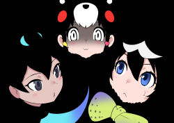 Rule 34 | 3girls, :&lt;, :3, absurdres, black background, black hair, blue eyes, blue hair, chibi kumamon (kemono friends), closed mouth, grey eyes, hair between eyes, hair ornament, highres, kawanami eito, kemono friends, kemono friends 3, looking at another, looking at viewer, multicolored hair, multiple girls, parted lips, partially shaded face, red hair, simple background, superb bird-of-paradise (kemono friends), tan, triangle mouth, western parotia (kemono friends), white eyes, white hair