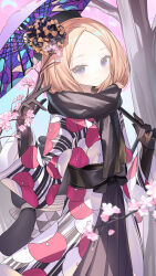 1girl abigail_williams_(exhibition_attire)_(fate) abigail_williams_(fate) absurdres black_bow black_kimono black_scarf blonde_hair blue_eyes blush bow breasts cherry_blossoms fate/grand_order fate_(series) floral_print forehead hair_bow highres japanese_clothes kimono layered_kimono long_sleeves looking_at_viewer medium_hair miyu10366 multicolored_kimono oil-paper_umbrella orange_bow parted_bangs scarf small_breasts smile solo umbrella wide_sleeves