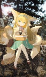 1girl :3 absurdres animal_ears aqua_hairband aqua_skirt arknights bag basket black_cat blonde_hair brown_bag brown_shoes cardigan cat chinese_commentary closed_mouth commentary cross-laced_clothes cross-laced_skirt cross-laced_slit fox_ears fox_girl fox_tail frilled_hairband frills full_body green_eyes hairband highres holding holding_basket kitsune kyuubi long_hair looking_at_viewer luo_xiaohei luo_xiaohei_(cat) luo_xiaohei_zhanji mary_janes multiple_tails neck_ribbon pantyhose photo_background red_ribbon ribbon round_bag shirt shoes shoulder_bag sitting skirt solo suzuran_(arknights) tail wang_waiwai white_pantyhose white_shirt yellow_cardigan