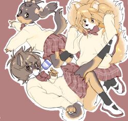 3girls body_fur bow bowtie brown_eyes brown_fur brown_hair claws dog_girl full_body furry furry_female kikurage_(crayon_arts) looking_at_viewer multiple_girls original red_background red_bow red_bowtie red_skirt short_hair simple_background skirt sweater tail twintails yellow_sweater