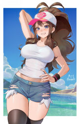 1girl achromaru arm_behind_head baseball_cap black_thighhighs blue_eyes blue_sky border breasts brown_hair cloud commentary cutoffs denim denim_shorts english_commentary hand_on_own_hip hat high_ponytail highres hilda_(pokemon) large_breasts long_hair looking_at_viewer midriff_peek nintendo ocean outdoors outside_border paid_reward_available parted_lips patreon_username pokemon pokemon_bw ponytail shirt short_shorts shorts signature sky sleeveless sleeveless_shirt smile solo thighhighs white_border white_shirt wristband