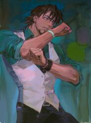1boy arms_up belt belt_buckle black_belt black_pants blush bracelet brown_hair buckle clenched_hands collared_shirt commentary cowboy_shot english_commentary facial_hair goatee green_shirt highres jewelry kaburagi_t._kotetsu male_focus pants parted_lips rnrfml shirt sleeves_rolled_up solo standing teeth tiger_&amp;_bunny vest white_vest wing_collar yellow_eyes