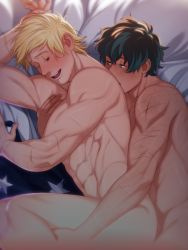 Rule 34 | 2boys, abs, absurdres, bed sheet, black hair, blonde hair, blue eyes, blush, boku no hero academia, closed eyes, freckles, from above, highres, implied sex, lying, male focus, midoriya izuku, multiple boys, muscular, muscular male, nude, on side, open mouth, riffraffhellyea, scar, scar on arm, short hair, smile, spooning, teeth, togata mirio, upper teeth only, yaoi