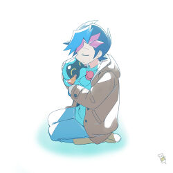 1boy 3_ma_me blue_hair blue_pants boots brown_boots brown_coat closed_eyes coat fujiki_yusaku full_body hood hooded_coat kneeling pants purple_hair simple_background white_background yu-gi-oh! yu-gi-oh!_vrains