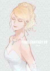 1girl aries20770321 artist_name bare_shoulders blonde_hair braid breasts cleavage closed_eyes closed_mouth detached_sleeves dress final_fantasy final_fantasy_xv grey_background hair_ornament highres jewelry light_smile long_hair lunafreya_nox_fleuret medium_breasts necklace ponytail portrait solo strapless strapless_dress swept_bangs upper_body wavy_hair white_dress