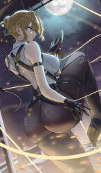 Rule 34 | 1girl, absurdres, arm strap, ass, asymmetrical gloves, backless shirt, black gloves, black pants, blonde hair, blue sky, braid, braided bun, breasts, chest strap, cloud, cloudy sky, collared shirt, dagger, elbow gloves, evelyn chevalier, eyebrows hidden by hair, eyes visible through hair, full moon, gloves, hair bun, high-waist pants, highres, holding, holding dagger, holding knife, holding weapon, knife, large breasts, latex pants, leg up, long hair, looking at viewer, moon, moonlight, pants, purple eyes, purple sky, shirt, sky, sleeveless, sleeveless shirt, solo, standing, star (sky), string, teeth, thigh strap, thighs, tight clothes, tight pants, tngtaku, uneven gloves, weapon, white shirt, zenless zone zero