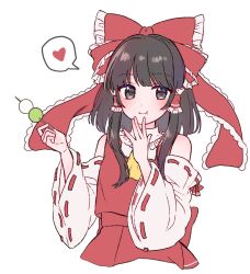 1girl ascot blush bow closed_mouth commentary_request cropped_torso detached_sleeves eating food frilled_bow frilled_hair_tubes frills hair_bow hair_tubes hakurei_reimu heart highres holding holding_skewer long_hair mochi red_bow red_skirt reimu_tyuki ribbon-trimmed_sleeves ribbon_trim simple_background skewer skirt skirt_set smile solo spoken_heart touhou white_background yellow_ascot