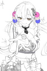 1girl blush breasts choppy_bangs cleavage cleavage_cutout clothing_cutout crop_top dadulian earth_(planet) foreshortening giant giantess hair_ornament highres hololive hololive_english hololive_idol_uniform_(bright) long_hair looking_down medium_breasts navel partially_colored planet ribbon sketch skirt smile solo sparkle standing tsukumo_sana twintails upper_body very_long_hair virtual_youtuber white_background yellow_eyes