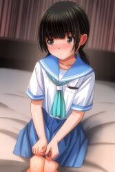1girl bed bedroom black_hair blue_neckerchief blue_skirt blush breast_pocket brown_eyes cellphone collarbone curtains highres looking_to_the_side matsunaga_kouyou neckerchief on_bed original phone pocket school_uniform shirt short_hair short_sleeves sitting skirt smartphone twintails white_shirt