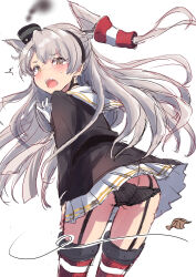 Rule 34 | 1girl, amatsukaze (kancolle), amatsukaze kai ni (kancolle), black dress, black panties, brown eyes, dress, from behind, fuji (pixiv24804665), garter straps, gloves, grey hair, hair tubes, hat, highres, kantai collection, long hair, long shirt, long sleeves, looking at viewer, looking back, mini hat, open mouth, panties, red thighhighs, sailor collar, sailor dress, smokestack hair ornament, solo, striped clothes, striped thighhighs, teeth, thighhighs, two side up, underwear, upper teeth only, white gloves, white sailor collar, wind, wind lift