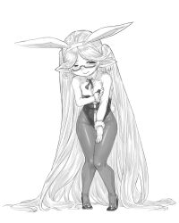 1girl absurdly_long_hair animal_ears breasts embarrassed fake_animal_ears full_body glasses granblue_fantasy greyscale harvin highres leotard long_hair monochrome pantyhose playboy_bunny pointy_ears rabbit_ears small_breasts solo transparent_background very_long_hair yggsil zahlhamelina
