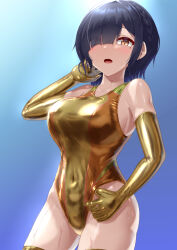 1girl adjusting_clothes adjusting_swimsuit black_hair blush braid breasts competition_swimsuit covered_navel cowboy_shot crown_braid elbow_gloves garoo_hoshi gloves golden_week highleg highres large_breasts looking_at_viewer mole mole_under_eye one-piece_swimsuit open_mouth original short_hair solo swimsuit thighhighs yellow_eyes