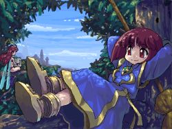 arms_behind_head behind_tree bikini blue_robe blush_stickers bob_cut broom bug castle cotton_(character) cotton_(game) crossed_legs cup fairy fairy_wings forest leaf long_hair n3o2 nature purple_bikini purple_footwear red_eyes red_hair robe short_hair silk_(cotton) sky smile spider swimsuit tree wings witch yellow_footwear yunomi