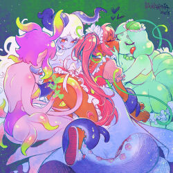 Rule 34 | 4girls, anus, ass, bent over, censored, closed eyes, colored skin, dark-skinned female, dark skin, double penetration, gangbang, green skin, group sex, heart, heart censor, highres, kiss, leotard, licking lips, maid headdress, marina (omori), medusa (omori), molly (omori), multiple girls, omori, pink hair, pink skin, purple skin, pussy, pussy juice, red eyes, sintastein, slippers, sweetheart (omori), tentacle hair, tentacle sex, tentacles, tongue, tongue out, yuri