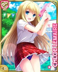 1girl :d bikini bikini_under_clothes blonde_hair blouse blue_eyes bow bowtie card card_(medium) character_name chloe_lemaire day girlfriend_(kari) holding jacket long_hair looking_at_viewer official_art open_mouth outdoors plaid_clothes plaid_skirt purple_bikini qp:flapper red_bow red_neckwear red_skirt school school_uniform shirt skirt smile solo swimsuit tagme water_gun white_shirt
