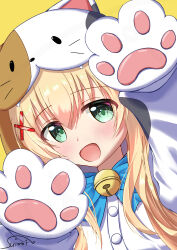 Rule 34 | 1girl, :d, absurdres, animal costume, animal ears, animal hands, bell, blonde hair, blue bow, blue bowtie, blush, bow, bowtie, cat costume, cat ears, commentary request, cosplay, eyes visible through hair, fake animal ears, gloves, green eyes, hair between eyes, hair ornament, happy, highres, hood, hood up, jingle bell, kigurumi, long hair, long sleeves, looking at viewer, neck bell, official alternate costume, open mouth, paw gloves, signature, simple background, smile, solo, suimei (ramebi3), summer pockets, tareme, tsumugi wenders, twintails, upper body, x hair ornament, yellow background