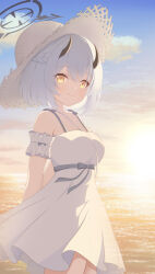 Rule 34 | 1girl, absurdres, arms behind back, backlighting, bare shoulders, black halo, black horns, blue archive, blue sky, blush, bow, braid, breasts, closed mouth, collarbone, commentary, cowboy shot, day, demon girl, demon horns, dress, dress bow, eyes visible through hair, grey bow, hair between eyes, half up braid, halo, hat, highres, horns, large breasts, looking at viewer, medium hair, natsukage ao, ocean, official alternate costume, sena (blue archive), sena (casual) (blue archive), sky, sleeveless, sleeveless dress, smile, solo, straight hair, straw hat, sun, sundress, sunset, white dress, white hair, yellow eyes