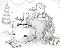 book fishing fishing_rod hat hook monochrome mouse_(animal) no_humans original parallela66 spot_color teapot top_hat tree_stump water