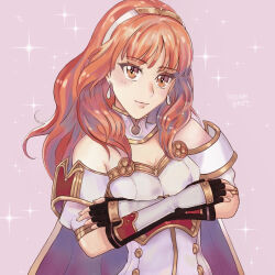 1girl armor breastplate cape celica_(fire_emblem) choker crossed_arms dress earrings fingerless_gloves fire_emblem fire_emblem_echoes:_shadows_of_valentia gloves highres jewelry long_hair nintendo obscure_ghost orange_eyes orange_hair princess red_eyes red_hair sparkle tiara white_armor white_dress