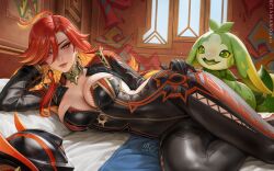 1girl ahoge artist_name biker_clothes bikesuit black_bodysuit black_gloves black_jacket bodysuit breasts closed_mouth commentary earrings english_commentary genshin_impact gloves hair_between_eyes hand_on_own_hip head_rest helmet indoors jacket jewelry large_breasts long_hair long_sleeves looking_at_viewer lying mavuika_(genshin_impact) multicolored_hair on_bed on_side orange_eyes orange_hair paid_reward_available red_hair sciamano240 sideless_outfit smile solo symbol_in_eye two-tone_hair unworn_headwear unworn_helmet zipper_pull_tab