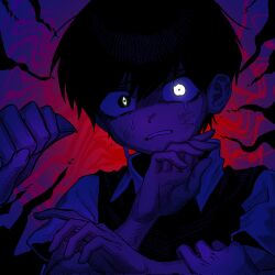 2boys basil_(faraway)_(omori) basil_(omori) black_hair black_sweater_vest collared_shirt crying crying_with_eyes_open disembodied_hand highres iomor_snuuy male_focus multiple_boys omori parted_lips shirt short_hair short_sleeves something_(omori) spoilers sunny_(omori) sweat sweater_vest tears teeth