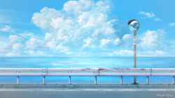 Rule 34 | cloud, commentary request, cumulonimbus cloud, day, highres, horizon, no humans, ocean, original, outdoors, railing, road, scenery, signature, sky, takano higashi, traffic mirror