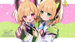 2girls :3 animal_ear_headphones animal_ears aqua_bow blonde_hair blue_archive blue_necktie blush bow cat_ear_headphones commentary commission fake_animal_ears green_background green_eyes green_halo hair_bow halo handheld_game_console hands_up hazakura_chikori headphones highres holding holding_handheld_game_console hood hooded_jacket jacket letterboxed long_sleeves looking_at_object low-tied_sidelocks midori_(blue_archive) momoi_(blue_archive) multicolored_jacket multiple_girls necktie nintendo_switch open_mouth pink_background pink_eyes pink_halo red_bow shirt short_hair siblings sidelocks signature sisters skeb_commission sleeves_past_fingers sleeves_past_wrists smile twins two-tone_background white_shirt wide_sleeves