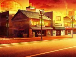 Rule 34 | artist request, building, cloud, game cg, lamppost, magia record: mahou shoujo madoka magica gaiden, mahou shoujo madoka magica, no humans, official art, orange sky, outdoors, road, scenery, shop, sidewalk, sky, skyscraper, street, sunset, tree