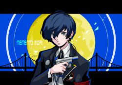 Rule 34 | 1boy, armband, blue hair, botati, bridge, closed mouth, evoker, full moon, gekkoukan high school uniform, gun, highres, holding, holding gun, holding weapon, latin text, letterboxed, male focus, moon, persona, persona 3, school uniform, short hair, solo, weapon, yuuki makoto (persona 3)