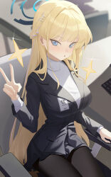 1girl :o absurdres black_jacket black_pantyhose black_skirt blazer blonde_hair blue_archive blue_eyes blue_hair blush braid breasts chinese_commentary cosplay half_up_braid halo highres id_card indoors jacket long_hair looking_at_viewer medium_breasts multicolored_hair narrow_waist on_chair pantyhose rio_(blue_archive) rio_(blue_archive)_(cosplay) sitting skirt solo sparkle streaked_hair sweater szai thighs toki_(blue_archive) two-tone_hair v very_long_hair white_sweater
