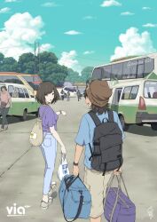 3girls 4boys aldo_(yudhacakranidji) angkot backpack bag blue_pants blue_shirt blue_sky brown_hair brown_hat brown_shorts bus cloud day duffel_bag from_behind hat highres holding holding_bag indonesia mercedes-benz motor_vehicle multiple_boys multiple_girls nayla_(yudhacakranidji) original pants pink_shirt power_lines purple_shirt shirt short_sleeves shorts sky t-shirt utility_pole watch wristwatch yudhacakranidji