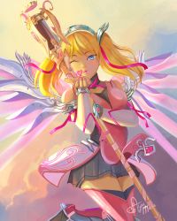 1girl alternate_costume alternate_hairstyle artist_name ayumaou bare_shoulders blonde_hair blue_eyes breasts criss-cross_halter dress female_focus glowing glowing_wings hair_between_eyes hair_ribbon halo halterneck highres holding holding_staff lips looking_at_viewer mechanical_halo mechanical_wings medium_breasts mercy_(overwatch) nose overwatch overwatch_1 pink_dress pink_lips pink_mercy pink_ribbon ribbon solo spread_wings staff twintails wings