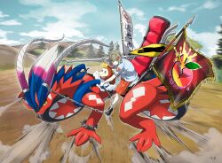 1girl akira_(manga) akira_slide apple_hair_ornament banner bare_arms bewear blue_sky bousouzoku bracelet brown_eyes brown_hair chain cloud colored_sclera commentary_request creatures_(company) delinquent dust exhaust_pipe flag food-themed_hair_ornament fuecoco game_freak gen_7_pokemon glassy0302 hair_between_eyes hair_ornament highres holding_road_sign horns jewelry koraidon kuraishi_ringo_(glassy0302) looking_at_viewer motion_blur naranja_academy_school_uniform nintendo nobori open_mouth orange_eyes orange_shorts original outdoors parody pokemon pokemon_(creature) pokemon_sv riding riding_pokemon road_sign school_uniform shirt shoes short_sleeves shorts sign signature sky spiked_bracelet spikes striped_clothes striped_shorts translation_request tree vertical-striped_clothes vertical-striped_shorts white_shirt wrist_belt yellow_sclera