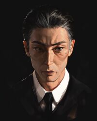 Rule 34 | 1boy, black background, black hair, black necktie, black suit, closed mouth, collared shirt, commentary, cropped shoulders, formal clothes, highres, male focus, mature male, mole, mole above mouth, mole under eye, necktie, original, portrait, sam yang, scar, scar on lip, shirt, short hair, simple background, solo, suit, white shirt, wing collar