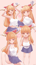 1girl :3 alternate_costume blue_skirt blunt_bangs blush bow breasts brown_horns cleavage closed_mouth commentary feet_out_of_frame hair_bow hair_intakes half-closed_eyes heart highres horn_bow horn_ornament horns horns_pose ibuki_suika long_hair looking_at_viewer low-tied_long_hair lykesya medium_breasts navel open_mouth orange_eyes orange_hair pink_background red_bow sidelocks sitting skirt smile smug standing symbol-only_commentary tank_top touhou very_long_hair white_bow white_tank_top