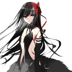 10s 1girl absurdres akemi_homura akuma_homura bare_shoulders black_hair breasts choker elbow_gloves expressionless female_focus gloves hair_ribbon highres long_hair looking_at_viewer low-cut mahou_shoujo_madoka_magica mahou_shoujo_madoka_magica:_hangyaku_no_monogatari misteor purple_eyes red_ribbon ribbon side_slit small_breasts solo white_background